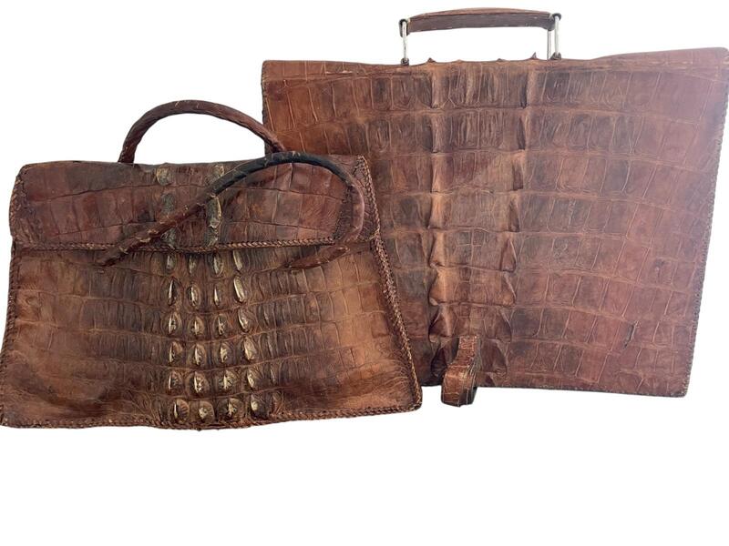Crocodile leather handbag and briefcase in original brown color circa 1930